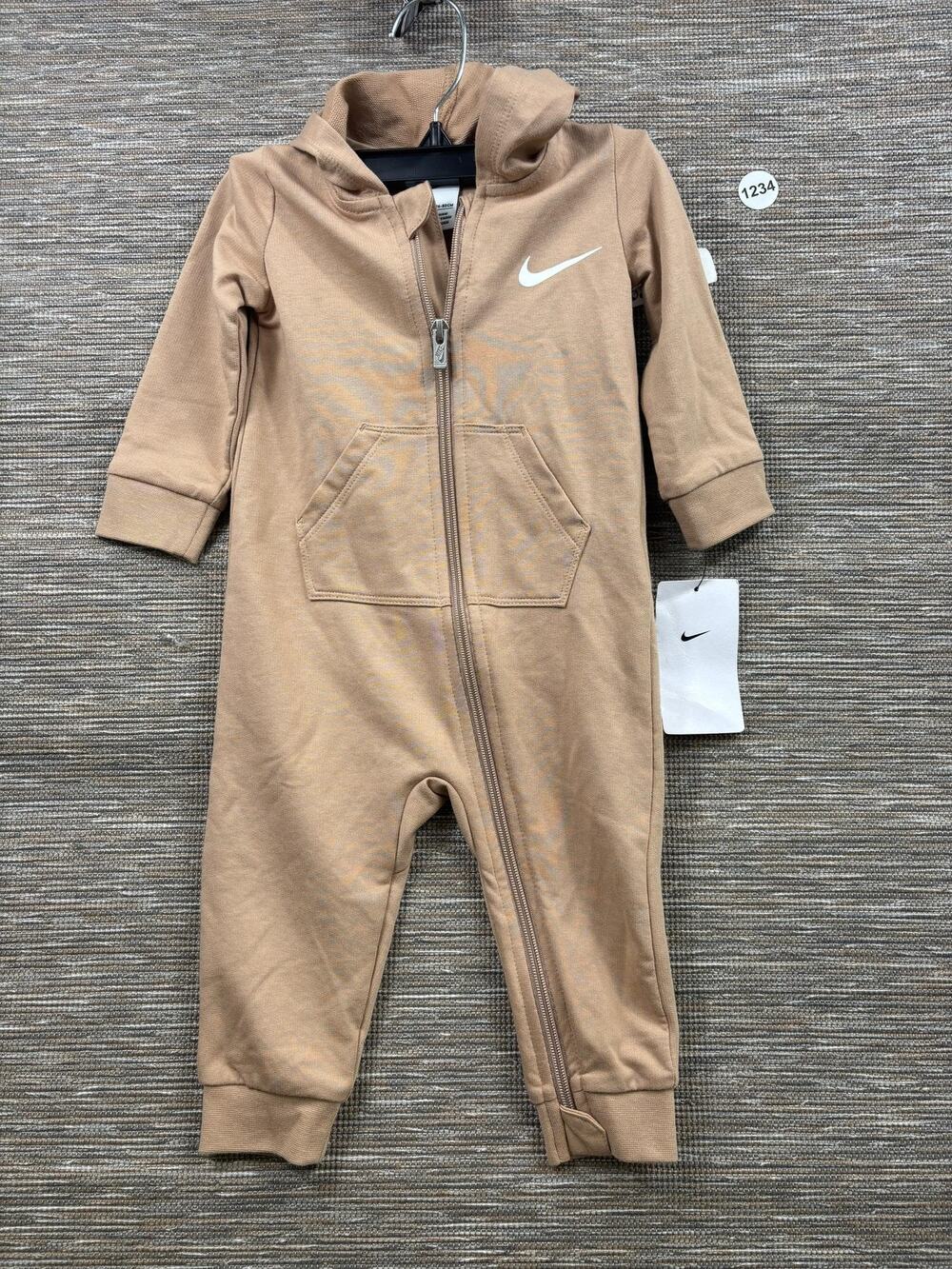 Nike Coverall Boys 12M Brown Hooded French Terry One Piece Zip Logo Jumpsuit NEW